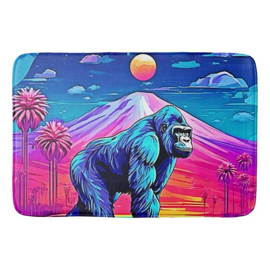 超現実的なジャングルの情景に佇むネオンゴリラ バスマット (正面)