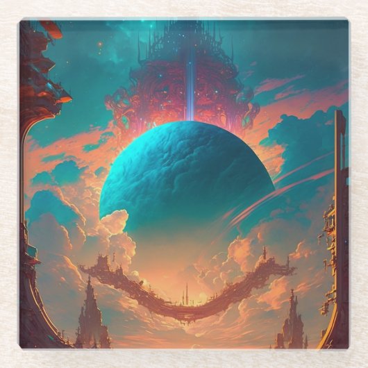 超現実的なタワーズプラネット幻想的な風景 ガラスコースター (正面)