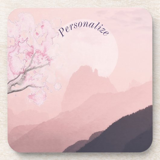 超現実的なピンクの風景と月をパーソナライズ コースター (正面)