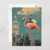 超現実的なファンタジーの子どもがピンクのフラミンゴに乗る ポストカード (正面/裏面)