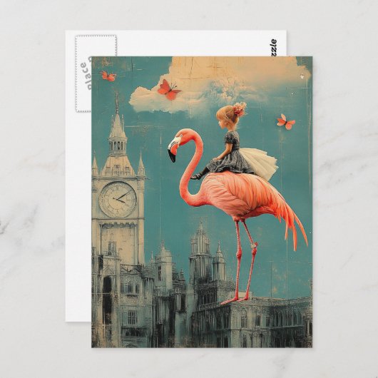 超現実的なファンタジーの子どもがピンクのフラミンゴに乗る ポストカード (正面/裏面)