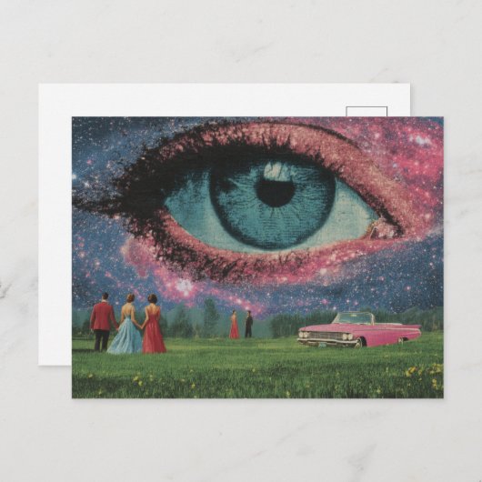 超現実的なレトロ人と空に目のある車 ポストカード (正面/裏面)