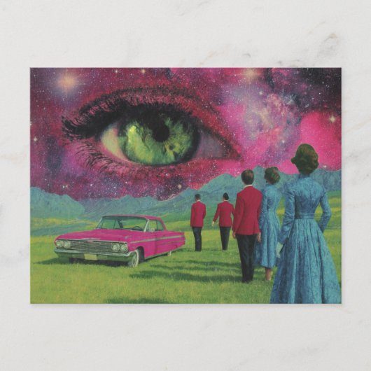 超現実的なレトロ人と車と緑の目 ポストカード (正面)
