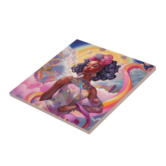 超現実的な世界のレディAfrican Americanアートピンク タイル (側面)
