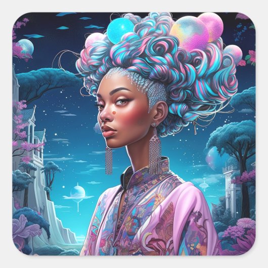 超現実的な世界の女性アフリカ系アメリカ人アートパープル スクエアシール (正面)