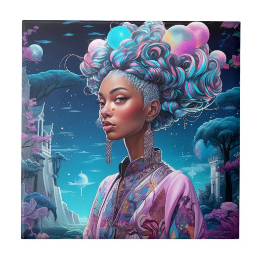 超現実的な世界の女性アフリカ系アメリカ人アートパープル タイル (正面)