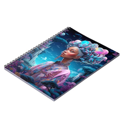 超現実的な世界の女性アフリカ系アメリカ人アートパープル ノートブック (左側)