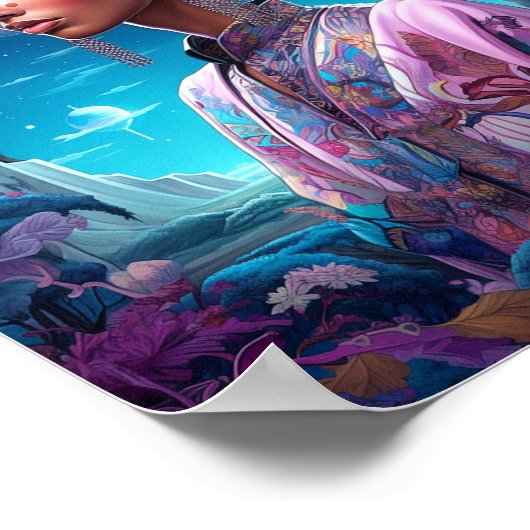 超現実的な世界の女性アフリカ系アメリカ人アートパープル ポスター (角)