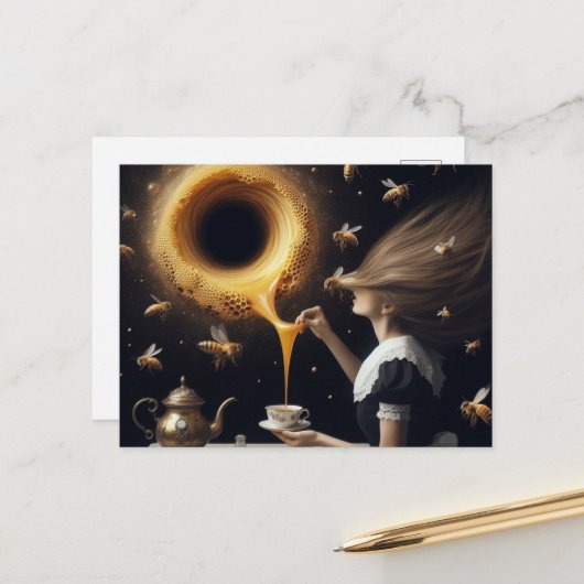 超現実的な女性とミツバチ朝のお茶と蜂蜜 ポストカード (正面/裏面インサイチュ)
