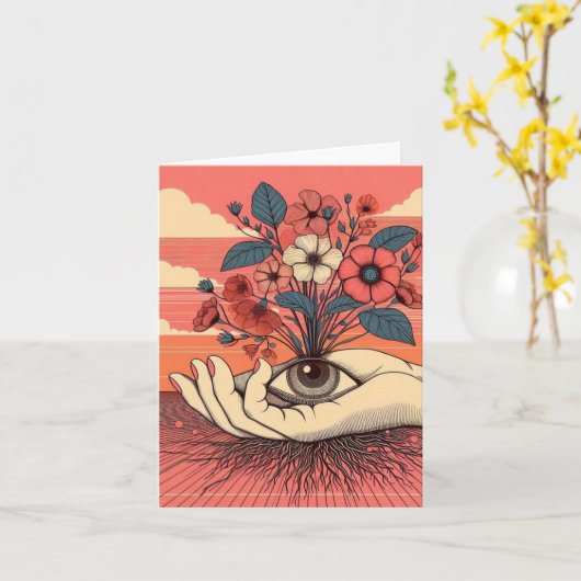 超現実的な庭師の手と目のすべての行事 カード (黄色い花)