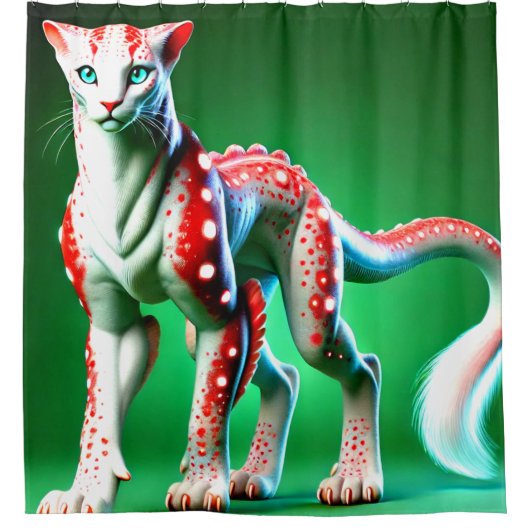 超現実的な斑点のある猫が発光する色彩コントラスト シャワーカーテン (正面)
