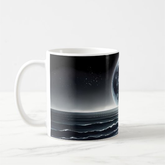 超現実的な月明かりの静かな海岸 コーヒーマグカップ (左)