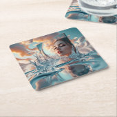 超現実的な水鏡ポートレート – 女性の顔レフレ スクエアペーパーコースター (アングル)