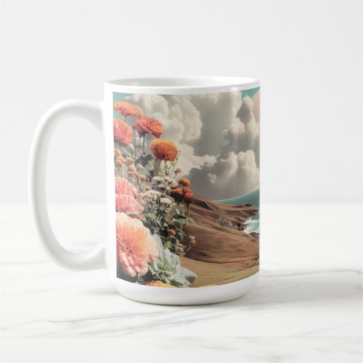 超現実的な海岸の風景 花と雲 コーヒーマグカップ (左)