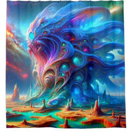 超現実的な生物 輝く宇宙の砂漠の風景 シャワーカーテン (正面)