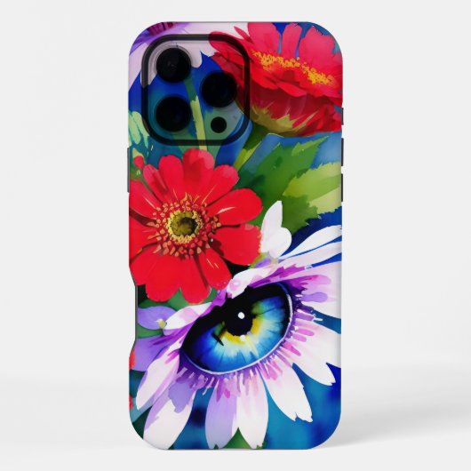 超現実的な青い目のピンクの花と赤い百日草 iPhoneケース (裏面)