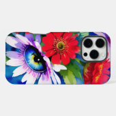 超現実的な青い目のピンクの花と赤い百日草 iPhoneケース (裏面横)