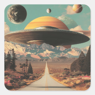 超現実的な風景と道路、UFOと土星 スクエアシール