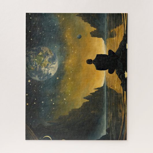 超現実的な風景の中で孤独な男 ジグソーパズル (縦)