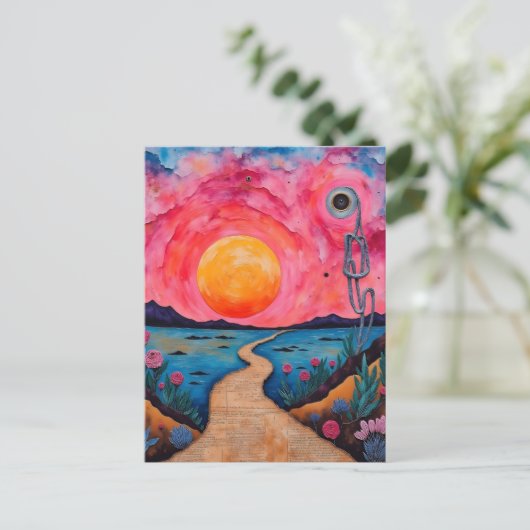 超現実的カラフルな風景の混合媒体 ポストカード (スタンド正面)