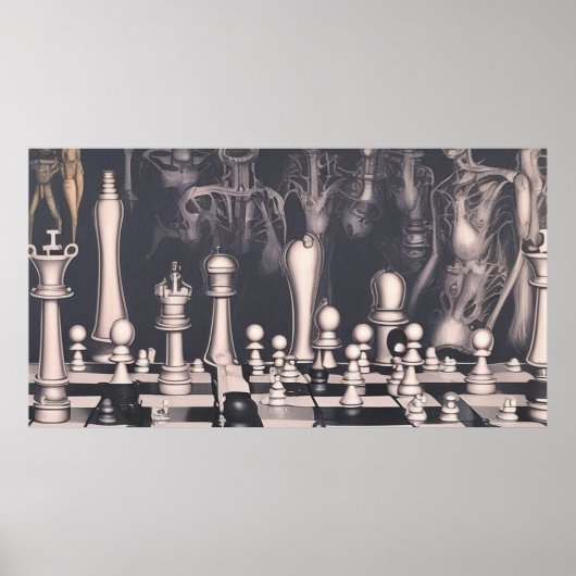 超現実的モダンな抽象芸術チェス盤と姿 ポスター (正面)