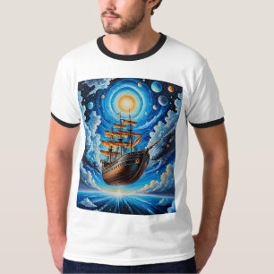 超現実的飛んでいる宇宙船ファンタジーアートシャツ Tシャツ