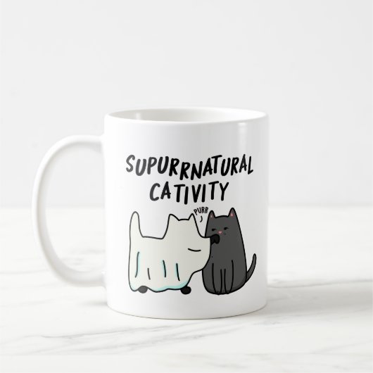 超自然的なネコティビティ 笑える猫のパロディ コーヒーマグカップ (左)