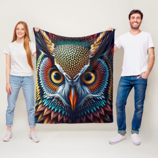 超詳細なフクロウの肖像画 | リアリスティックで強烈な眼差し フリースブランケット