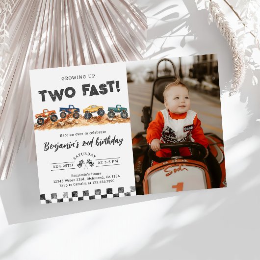 超速モンスタートラック男の子2歳の誕生日写真 招待状