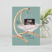 超音波フォトスイングおもしろいティール(緑がかった色)ありがとうベビー サンキューカード (スタンド正面)