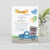 超音波ブルートラックグリーンバルーン赤ちゃんシャワー 案内状 (スタンド正面)