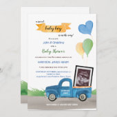 超音波ブルートラックグリーンバルーン赤ちゃんシャワー 案内状 (正面/裏面)