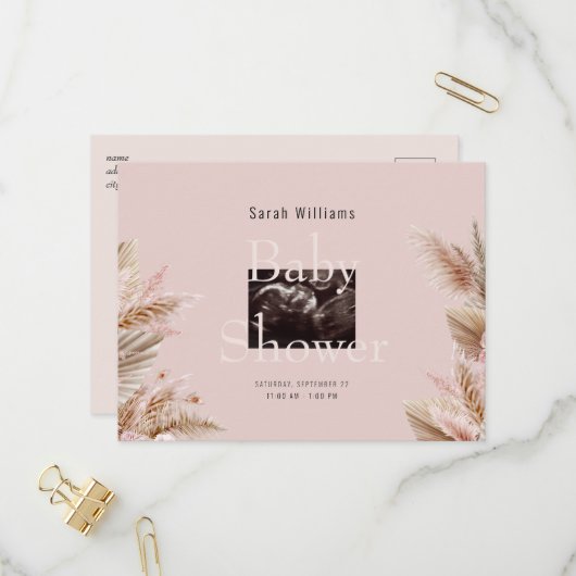超音波写真ベビーシャワーピンクのパンパ インビテーションポストカード (正面/裏面インサイチュ)