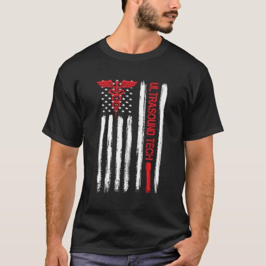超音波技術アメリカ国旗の心臓血管息子 Tシャツ (正面)