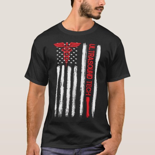 超音波技術アメリカ国旗の心臓血管息子 Tシャツ (正面)