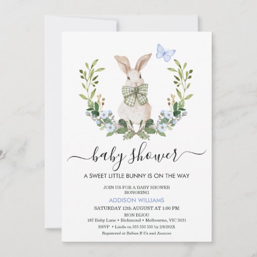 趣のある青い緑の男の子小バニー赤ちゃんシャワー 招待状 (正面)