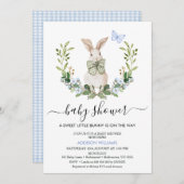 趣のある青い緑の男の子小バニー赤ちゃんシャワー 招待状 (正面/裏面)