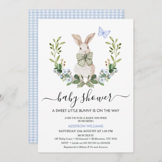 趣のある青い緑の男の子小バニー赤ちゃんシャワー 招待状 (正面/裏面)