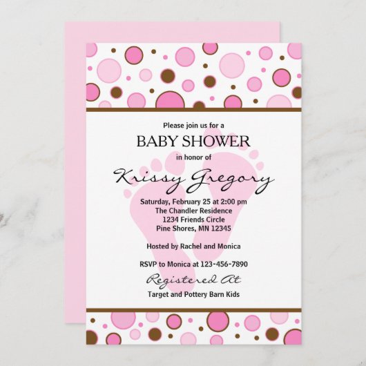 足とドットピンクベビーシャワー招待状 招待状 (正面/裏面)