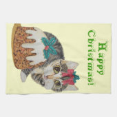 足のクリスマスを舐めているかわいい子ネコの灰色の虎猫 キッチンタオル (横)