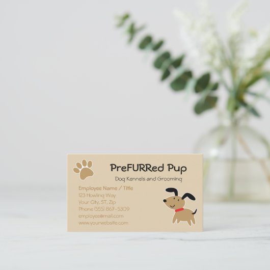 足のプリントおよび骨の名刺を持つブラウン犬 名刺 (スタンド正面)