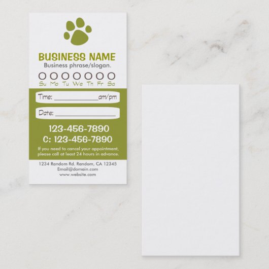 足のプリントの緑の獣医のアポイントメントカード 予約カード (正面/裏面)