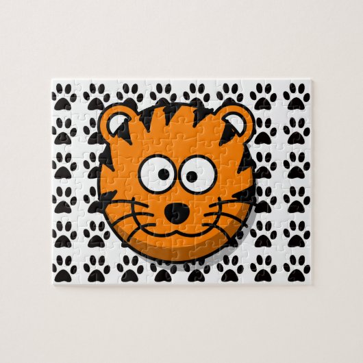 足のプリントの背景を持つ微笑の漫画のトラ ジグソーパズル (横)