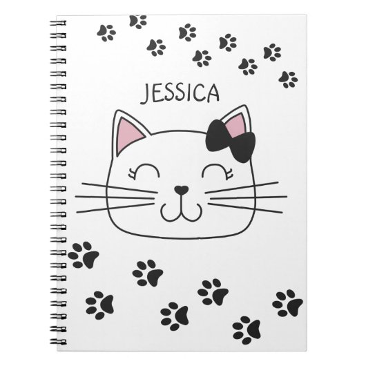 足の足跡と名前の素敵な漫画の猫 ノートブック (正面)
