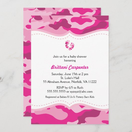 足を搭載するショッキングピンクの迷彩柄のベビーシャワーの招待状 招待状 (正面/裏面)