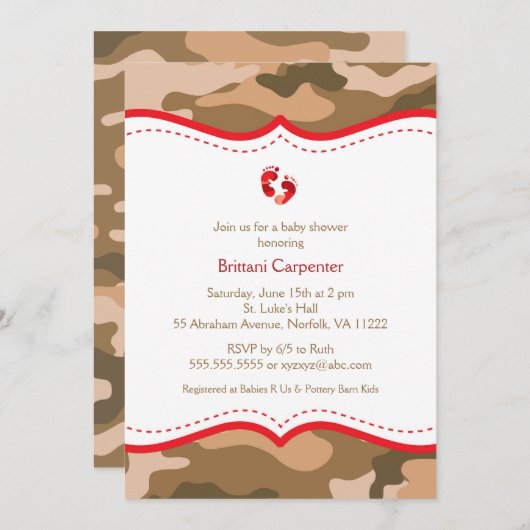 足を搭載するブラウン及び赤い迷彩柄のベビーシャワーの招待状 招待状 (正面/裏面)