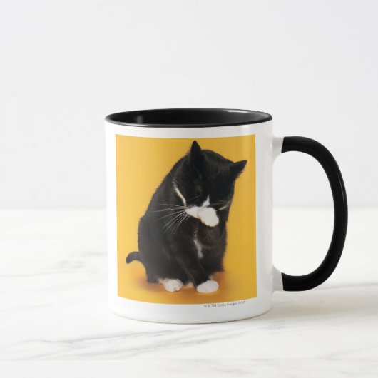 足を搭載する白黒猫のクリーニングの顔 マグカップ (右)