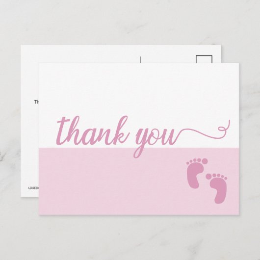 足シンプルピンクスクリプト赤ちゃん女の子ありがとう 案内ポストカード (正面/裏面)