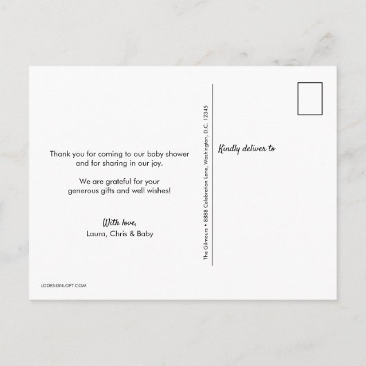 足シンプルピンクスクリプト赤ちゃん女の子ありがとう 案内ポストカード