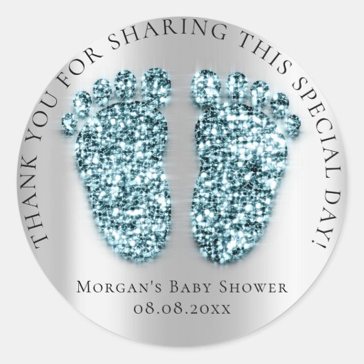 足ベビーシャワー感謝していお気に入りグリッターブルーグレー ラウンドシール (正面)